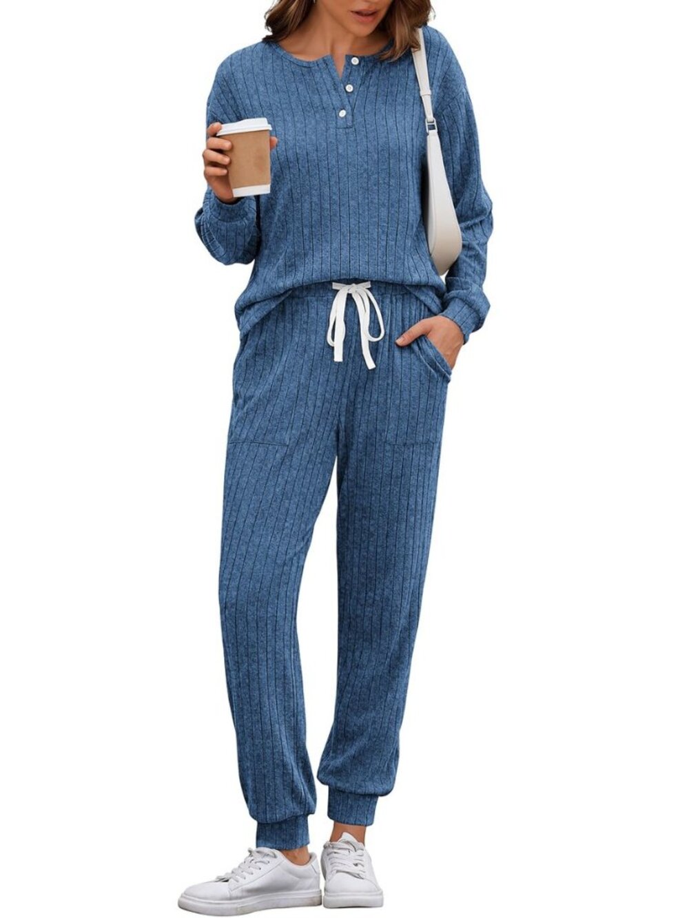 Womens Knit 2 Piece Lounge Sets Long Sleeve Top and Pants Outfits
